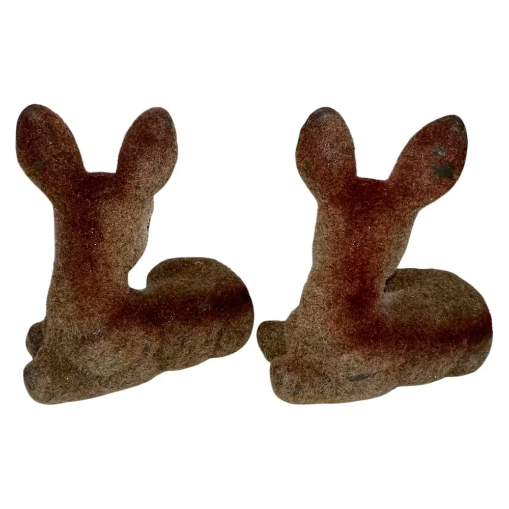 Lot 2 Vintage‎ Deer Fawn Velvet Flocked Figurines Figures Hong Kong